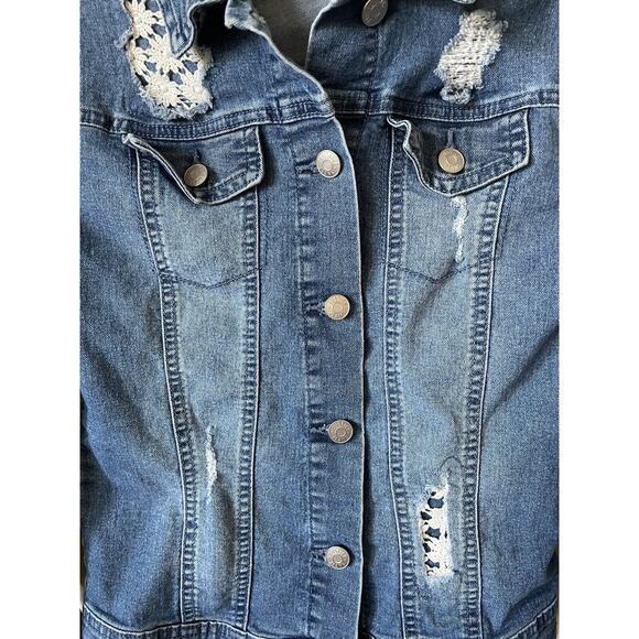 Justice Medium Wash Collared Button Up Distressed Denim Jacket Size 8 - Picture 2 of 4